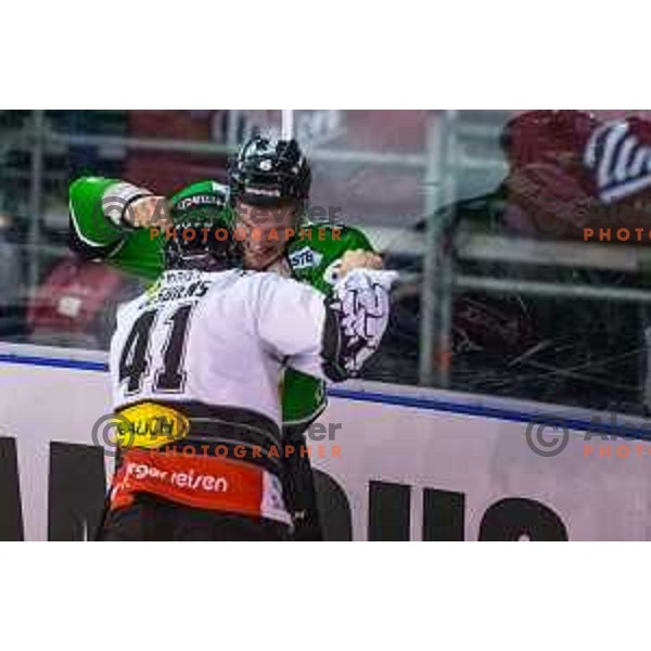 Bostjan Groznik of olimpija and Guillaume Desbiens of Dornbirn in action during ice hockey match of Ice Fest-30th round of EBEL League in Season 2014/15 between HDD Telemach Olimpija and EC Dornbirn, played in Trg republike, Ljubljana, Slovenia, on December 23, 2014