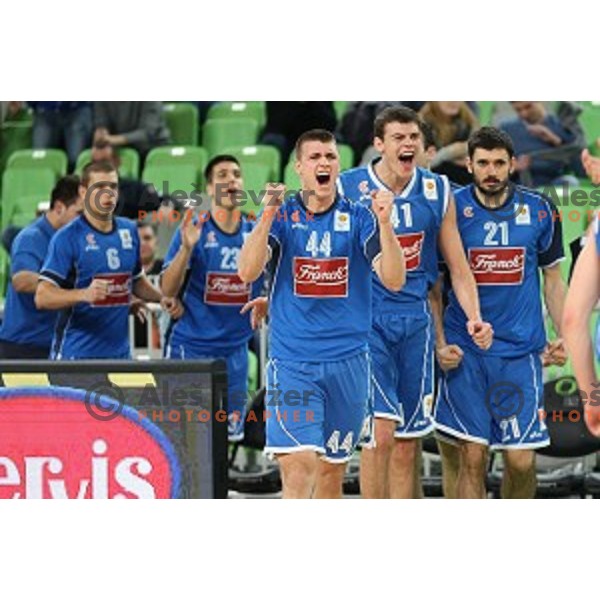 Tomislav Gabric, Ante Zizic of Cibona in action during ABA league basketball match between Union Olimpija and Cibona , played in Stozice Hall, Ljubljana, Slovenia on December 23, 2014