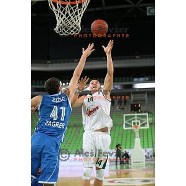 Dino Muric of Union Olimpija in action during ABA league basketball match between Union Olimpija and Cibona , played in Stozice Hall, Ljubljana, Slovenia on December 23, 2014