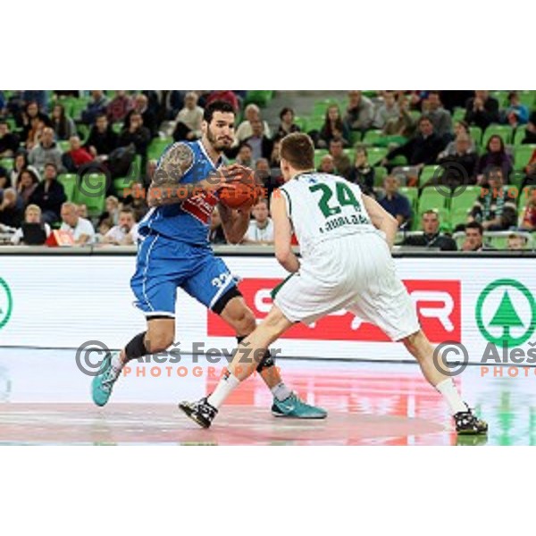 of Union Olimpija in action during ABA league basketball match between Union Olimpija and Cibona , played in Stozice Hall, Ljubljana, Slovenia on December 23, 2014