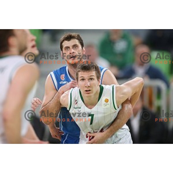 Gregor Hrovat of Union Olimpija and Marin Rozic of Cibona in action during ABA league basketball match between Union Olimpija and Cibona , played in Stozice Hall, Ljubljana, Slovenia on December 23, 2014