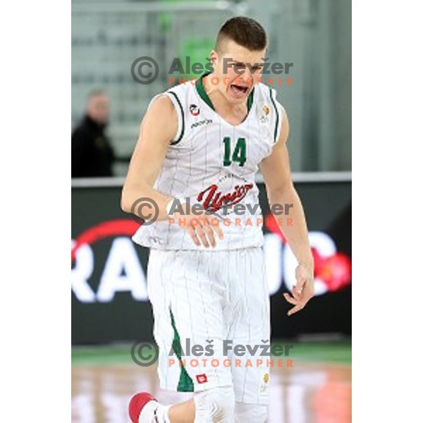 Dino Muric of Union Olimpija in action during ABA league basketball match between Union Olimpija and Cibona , played in Stozice Hall, Ljubljana, Slovenia on December 23, 2014