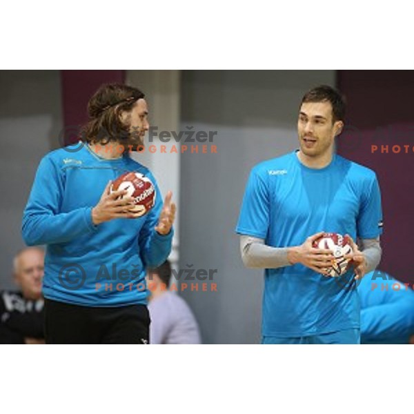 Dean Bombac and Jure Natek of Slovenia in action during practice session in Zrece Sports Hall on January 2, 2015