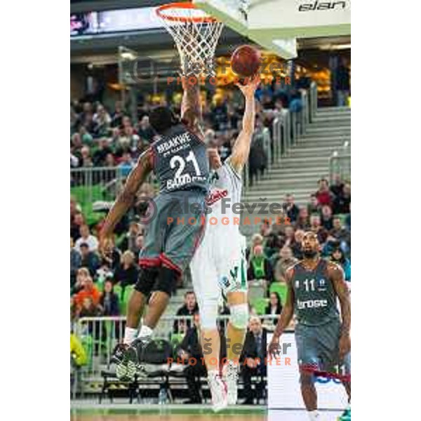 Dino Muric of Olimpija in action during basketball match of 1st rund of EuroCup - Last 32 in Season 2014/15 between KK Union Olimpija vs Brose Baskets Bamberg, played in Arena Stozice, Ljubljana, Slovenia, on January 7, 2015