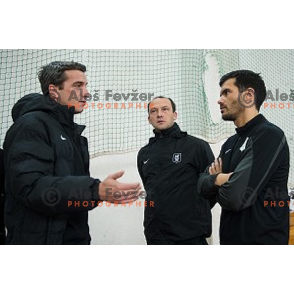 Milenko Acimovic, Darko Karapetrovic, Aleksandar Radosavljevic during first practice of football club Olimpija, ZAK, Ljubljana, Slovenia, 08.01.2015