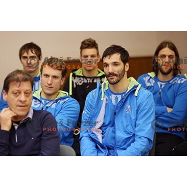 David Miklavcic and David Spiler of Slovenia handball team before departure to Qatar 2015 World Handball championships during press conference in Ljubljana on January 12, 2015