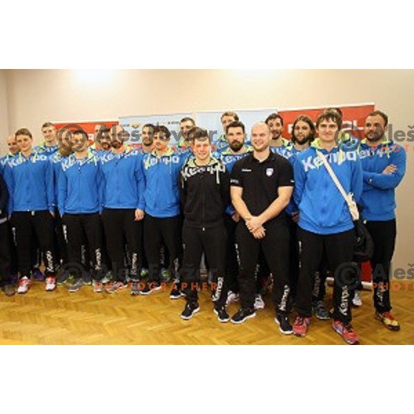 Players of Slovenia handball team before departure to Qatar 2015 World Handball championships during press conference in Ljubljana on January 12, 2015