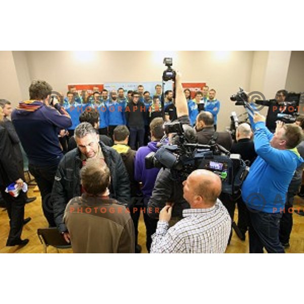 Players of Slovenia handball team before departure to Qatar 2015 World Handball championships during press conference in Ljubljana on January 12, 2015