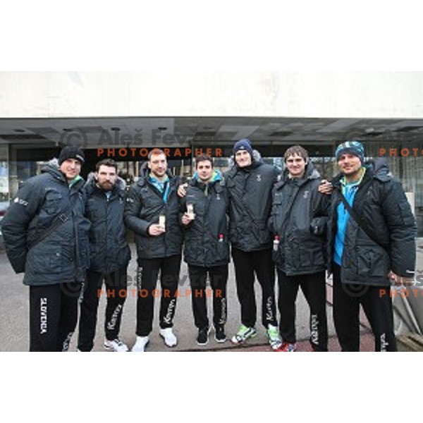 Players of Slovenia handball team before departure to Qatar 2015 World Handball championships during press conference in Ljubljana on January 12, 2015