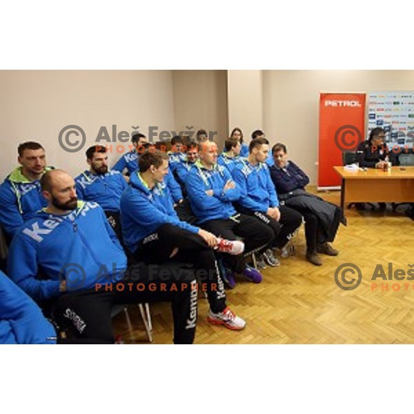 Jure Dolenec, Gorazd Skof, Luka Zvizej of Slovenia handball team before departure to Qatar 2015 World Handball championships during press conference in Ljubljana on January 12, 2015