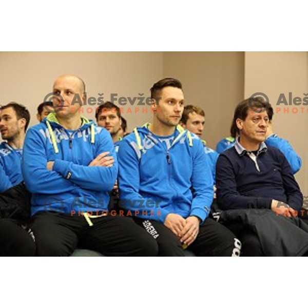 Gorazd Skof, Luka Zvizej, Bojan Cotar of Slovenia handball team before departure to Qatar 2015 World Handball championships during press conference in Ljubljana on January 12, 2015