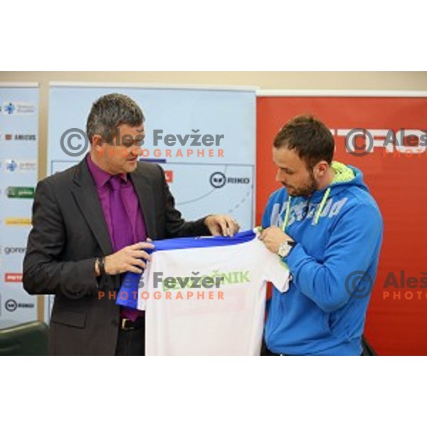 Tomaz Berlocnik of Petrol and Uros Zorman of Slovenia handball team before departure to Qatar 2015 World Handball championships during press conference in Ljubljana on January 12, 2015