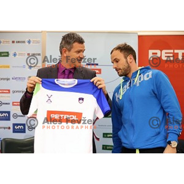 Tomaz Berlocnik of Petrol and Uros Zorman of Slovenia handball team before departure to Qatar 2015 World Handball championships during press conference in Ljubljana on January 12, 2015