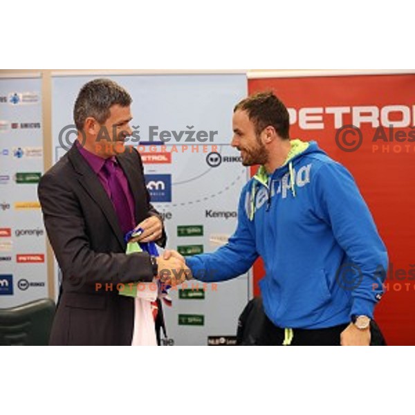 Tomaz Berlocnik of Petrol and Uros Zorman of Slovenia handball team before departure to Qatar 2015 World Handball championships during press conference in Ljubljana on January 12, 2015