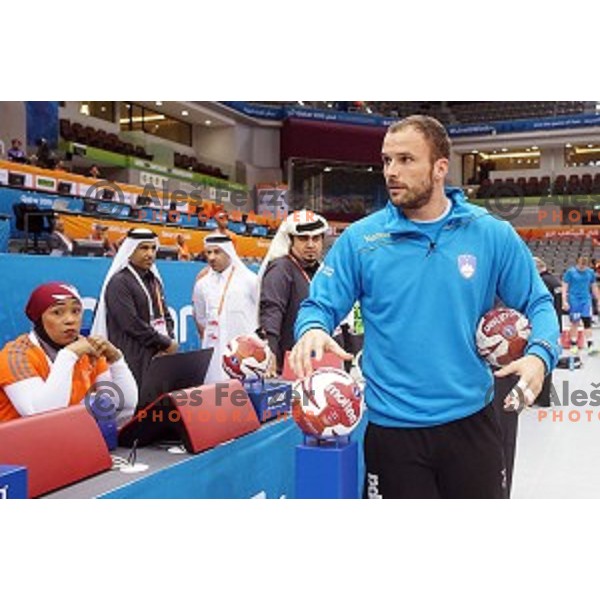 Uros Zorman of Slovenia in action at Preliminary Group A match Slovenia-Chile at Qatar 2015 World Handball championships in Al Saad Sport Arena, Doha on January 16, 2015