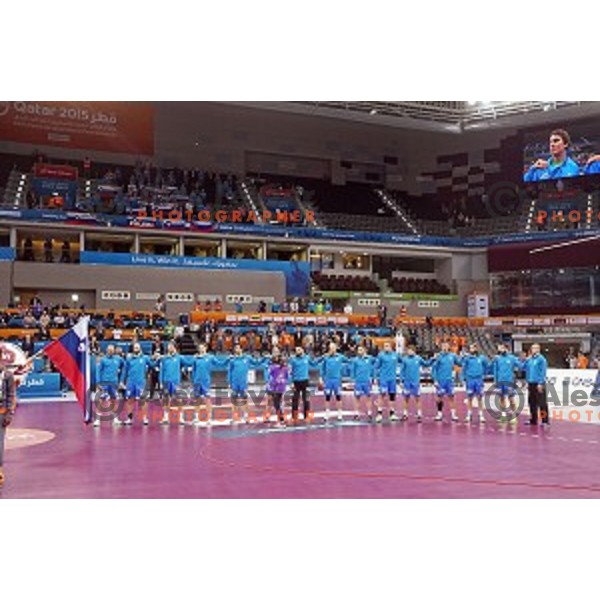 Team of Slovenia in action during Preliminary Group A match Slovenia-Chile at Qatar 2015 World Handball championships in Al Saad Sport Arena, Doha on January 16, 2015