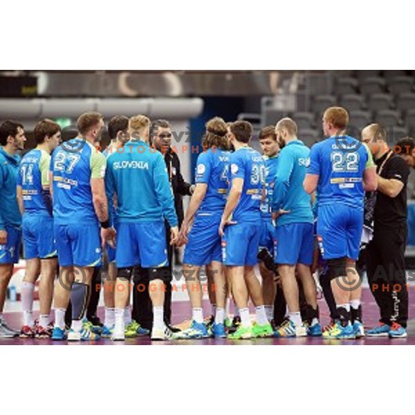 Team of Slovenia in action during Preliminary Group A match Slovenia-Chile at Qatar 2015 World Handball championships in Al Saad Sport Arena, Doha on January 16, 2015