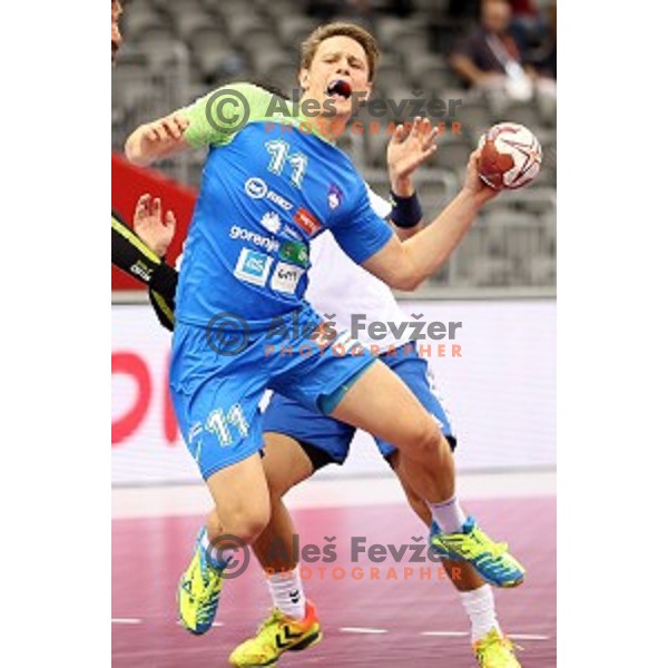 Jure Dolenec of Slovenia in action during Preliminary Group A match Slovenia-Chile at Qatar 2015 World Handball championships in Al Saad Sport Arena, Doha on January 16, 2015