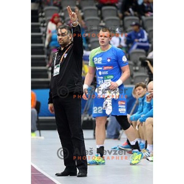 Boris Denic, head coach of Slovenia in action during Preliminary Group A match Slovenia-Chile at Qatar 2015 World Handball championships in Al Saad Sport Arena, Doha on January 16, 2015