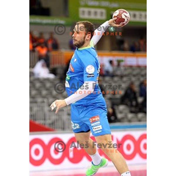 Uros Zorman of Slovenia in action at Preliminary Group A match Slovenia-Chile at Qatar 2015 World Handball championships in Al Saad Sport Arena, Doha on January 16, 2015