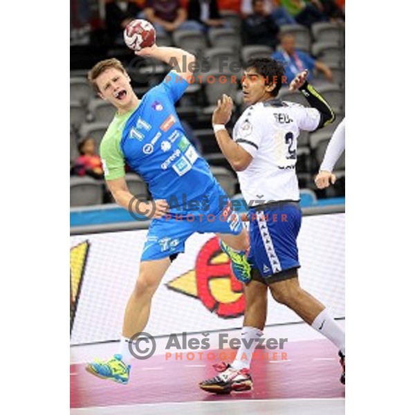 Jure Dolenec of Slovenia in action during Preliminary Group A match Slovenia-Chile at Qatar 2015 World Handball championships in Al Saad Sport Arena, Doha on January 16, 2015