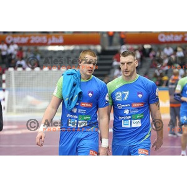 Matej Gaber, Miladin Kozlina at Preliminary Group A match Slovenia-Chile at Qatar 2015 World Handball championships in Al Saad Sport Arena, Doha on January 16, 2015