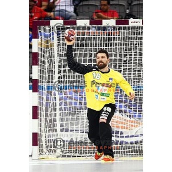 Primoz Prost of Slovenia in action at Preliminary Group A match Slovenia-Chile at Qatar 2015 World Handball championships in Al Saad Sport Arena, Doha on January 16, 2015