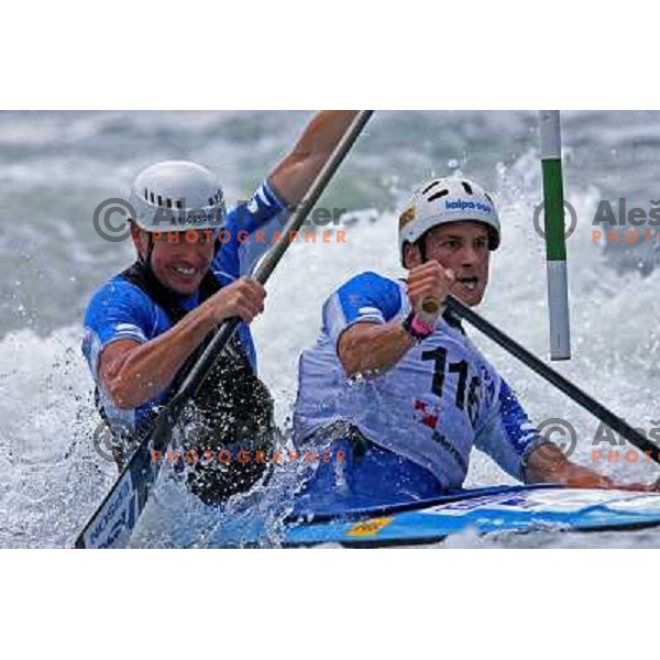 Hocevar (left) -Kulovec (SLO) during qualification run at ICF slalom World Cup race in Tacen, Slovenia on July 7th 2007. Photo by Ales Fevzer 