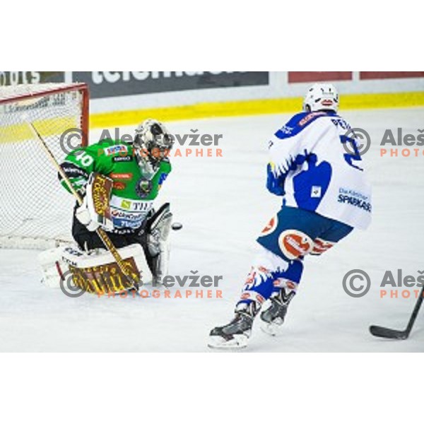 Andy Chiodo of Olimpija in action during ice hockey match of 39th round of EBEL League in Season 2014/15 between HDD Telemach Olimpija and EC VSV, played in Tivoli Hall, Ljubljana, Slovenia, on January 16, 2015