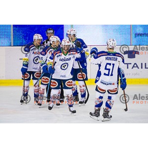 Team VSV in action during ice hockey match of 39th round of EBEL League in Season 2014/15 between HDD Telemach Olimpija and EC VSV, played in Tivoli Hall, Ljubljana, Slovenia, on January 16, 2015