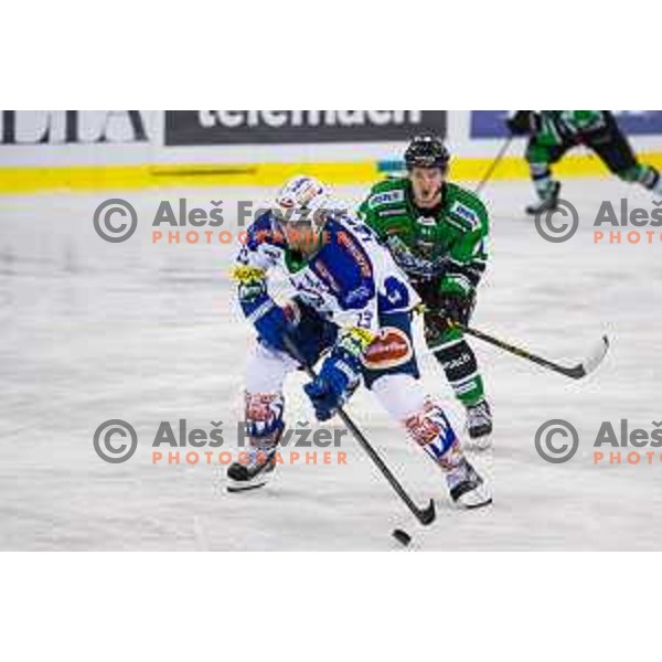 Luka Kalan of Olimpija in action during ice hockey match of 39th round of EBEL League in Season 2014/15 between HDD Telemach Olimpija and EC VSV, played in Tivoli Hall, Ljubljana, Slovenia, on January 16, 2015