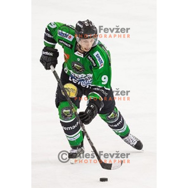 Hunter Bishop of Olimpija in action during ice hockey match of 39th round of EBEL League in Season 2014/15 between HDD Telemach Olimpija and EC VSV, played in Tivoli Hall, Ljubljana, Slovenia, on January 16, 2015