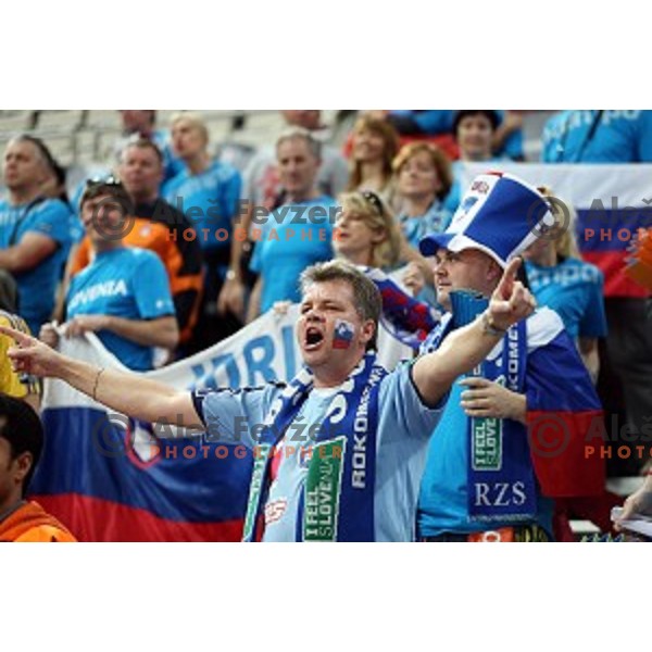 Fans of Slovenia in action at Preliminary Group A match Slovenia-Belarus at Qatar 2015 World Handball championships in Lusail Sport Arena, Doha on January 17, 2015