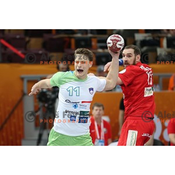 Jure Dolenec of Slovenia in action at Preliminary Group A match Slovenia-Belarus at Qatar 2015 World Handball championships in Lusail Sport Arena, Doha on January 17, 2015