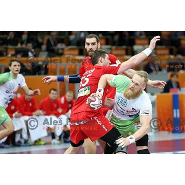 Miha Zvizej of Slovenia in action at Preliminary Group A match Slovenia-Belarus at Qatar 2015 World Handball championships in Lusail Sport Arena, Doha on January 17, 2015