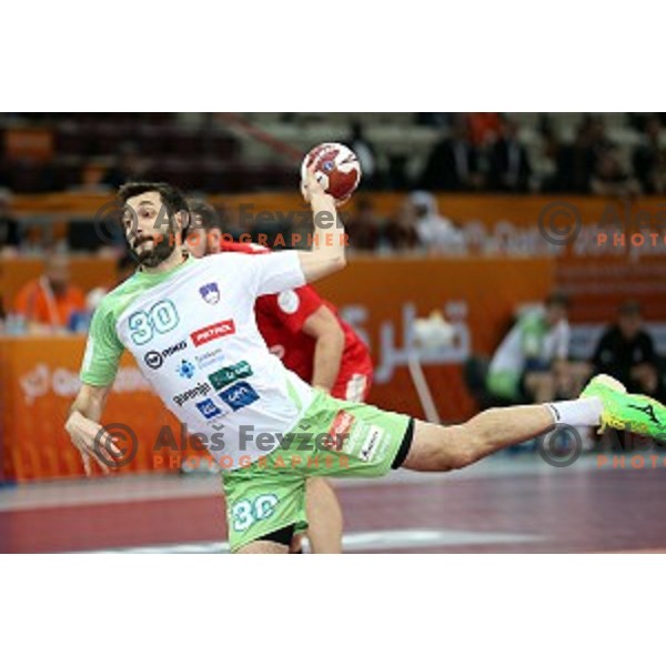 Dragan Gajic of Slovenia in action at Preliminary Group A match Slovenia-Belarus at Qatar 2015 World Handball championships in Lusail Sport Arena, Doha on January 17, 2015