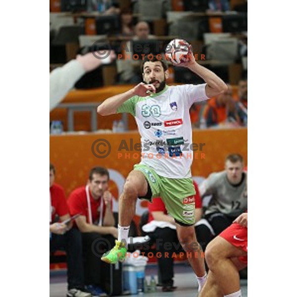 Dragan Gajic of Slovenia in action at Preliminary Group A match Slovenia-Belarus at Qatar 2015 World Handball championships in Lusail Sport Arena, Doha on January 17, 2015