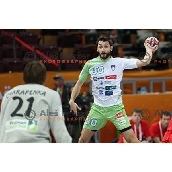 Dragan Gajic of Slovenia in action at Preliminary Group A match Slovenia-Belarus at Qatar 2015 World Handball championships in Lusail Sport Arena, Doha on January 17, 2015