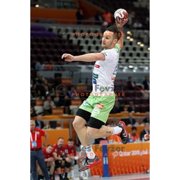 Luka Zvizej of Slovenia in action at Preliminary Group A match Slovenia-Belarus at Qatar 2015 World Handball championships in Lusail Sport Arena, Doha on January 17, 2015