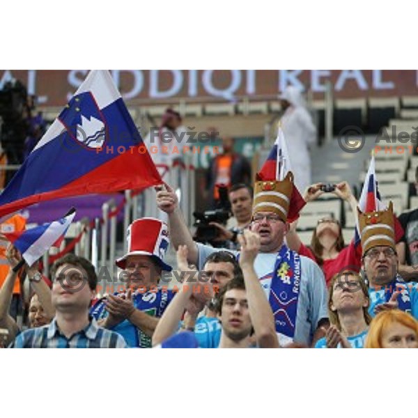 Fans of Slovenia in action at Preliminary Group A match Slovenia-Belarus at Qatar 2015 World Handball championships in Lusail Sport Arena, Doha on January 17, 2015