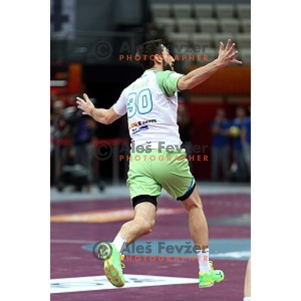 Dragan Gajic of Slovenia in action at Preliminary Group A match Slovenia-Belarus at Qatar 2015 World Handball championships in Lusail Sport Arena, Doha on January 17, 2015