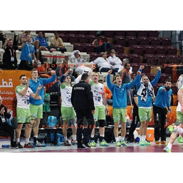 action at Preliminary Group A match Slovenia-Belarus at Qatar 2015 World Handball championships in Lusail Sport Arena, Doha on January 17, 2015