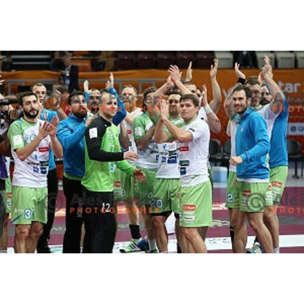 Primoz Prost, Gorazd Skof, Marko Bezjak of Slovenia at Preliminary Group A match Slovenia-Belarus at Qatar 2015 World Handball championships in Lusail Sport Arena, Doha on January 17, 2015