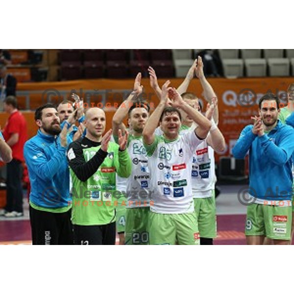 Primoz Prost, Gorazd Skof, Marko Bezjak of Slovenia at Preliminary Group A match Slovenia-Belarus at Qatar 2015 World Handball championships in Lusail Sport Arena, Doha on January 17, 2015