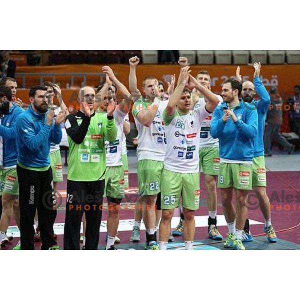 Primoz Prost, Gorazd Skof, Marko Bezjak of Slovenia at Preliminary Group A match Slovenia-Belarus at Qatar 2015 World Handball championships in Lusail Sport Arena, Doha on January 17, 2015