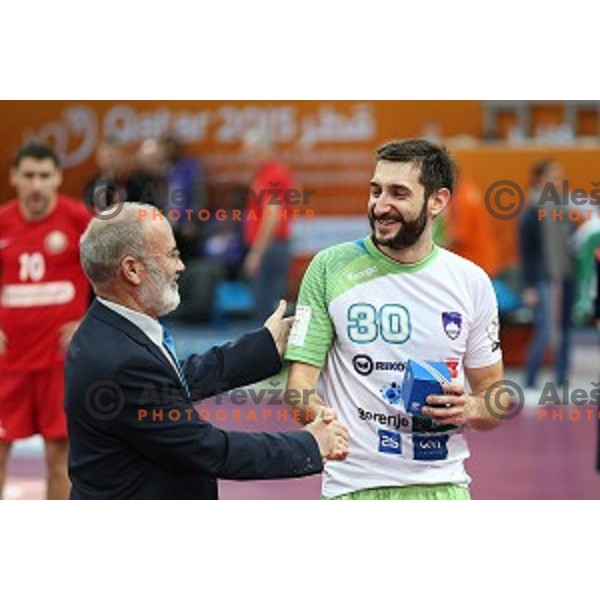 Dragan Gajic of Slovenia in action at Preliminary Group A match Slovenia-Belarus at Qatar 2015 World Handball championships in Lusail Sport Arena, Doha on January 17, 2015