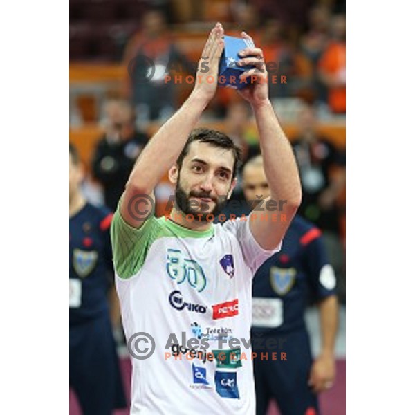 Dragan Gajic of Slovenia in action at Preliminary Group A match Slovenia-Belarus at Qatar 2015 World Handball championships in Lusail Sport Arena, Doha on January 17, 2015