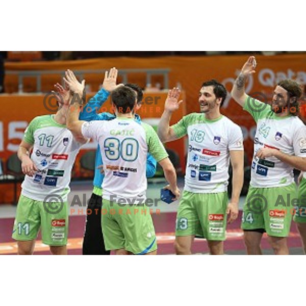 action at Preliminary Group A match Slovenia-Belarus at Qatar 2015 World Handball championships in Lusail Sport Arena, Doha on January 17, 2015