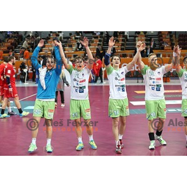 Uros Zorman of Slovenia in action at Preliminary Group A match Slovenia-Belarus at Qatar 2015 World Handball championships in Lusail Sport Arena, Doha on January 17, 2015