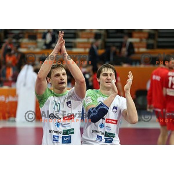 JUre Dolenec and Sebastjan Skube at Preliminary Group A match Slovenia-Belarus at Qatar 2015 World Handball championships in Lusail Sport Arena, Doha on January 17, 2015